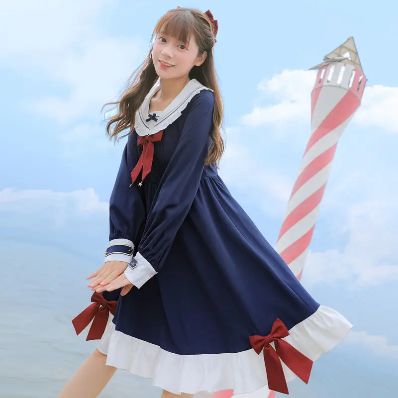 Femeile Japoneze Stil Preppy Guler Marinar Jk Uniformă Rochie Cu Maneci Lungi Student De Sex Feminin Dulce Bowknot Volane Lolita Rochii De Petrecere Imagine 0