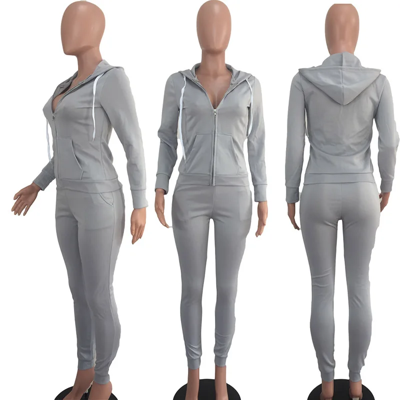 2020 Primăvară Femei Costum De Trening De Culoare Solidă Sportwear Maneca Lunga, Hanorac Cu Fermoar Set De Doua Bucati Strat +Pantaloni Lungi Costum Clubwear Imagine 0