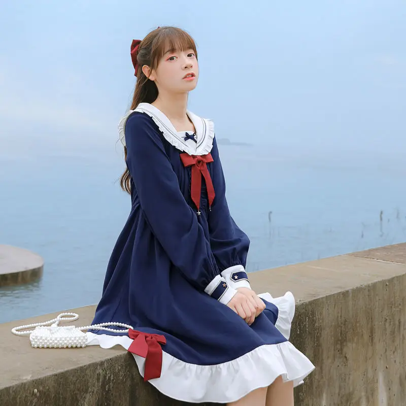 Femeile Japoneze Stil Preppy Guler Marinar Jk Uniformă Rochie Cu Maneci Lungi Student De Sex Feminin Dulce Bowknot Volane Lolita Rochii De Petrecere Imagine 3