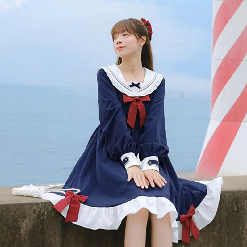 Femeile Japoneze Stil Preppy Guler Marinar Jk Uniformă Rochie Cu Maneci Lungi Student De Sex Feminin Dulce Bowknot Volane Lolita Rochii De Petrecere Imagine 4