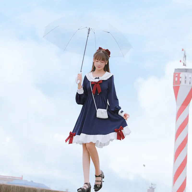 Femeile Japoneze Stil Preppy Guler Marinar Jk Uniformă Rochie Cu Maneci Lungi Student De Sex Feminin Dulce Bowknot Volane Lolita Rochii De Petrecere Imagine 5