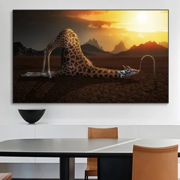 Girafa Bea Apă Aird Peisaj, Decor Acasă Pictura In Ulei Pe Panza, Postere Si Printuri De Arta De Perete Amuzant Animal Din Africa De Imagine