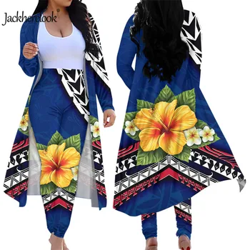 Jackherelook Samoană Polineziene Tribal Hibiscus Design de Brand din Două Piese Costume pentru Femei Cardigan Slab Înaltă Talie Pantaloni Lungi