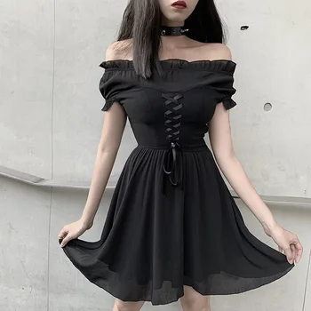 Japoneze retro sexy negru împletit plasă de femei lolita bandaj rochie maneci scurte talie mare victorian rochie kawaii fata goth