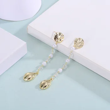 Shineland Boem Cowrie Shell Pearl Pandantiv Lung Picătură Legăna Cercei trendy Cristal Metal Plaja Bijuterii pentru Femei, Cadou