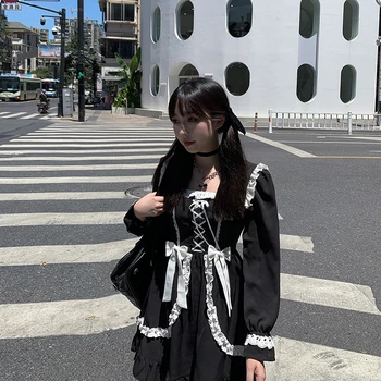Toamna Japoneză Negru Gotic Lolita Rochie de Epocă Victoriană Moale Fată Drăguț Arc Dantelă-up Volane Rochie de Printesa Femei Punk Rochii